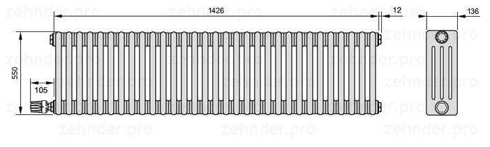 Схема (чертеж) Радиатор Zehnder Charleston 4055/31 №V003 Белый глянцевый RAL 9016